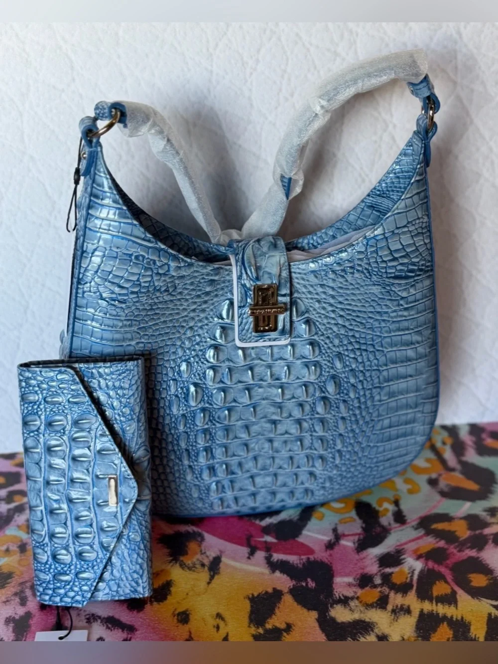 SET Brahmin Fallon Aura Blue Shoulder Bag leather Sky Blue & Wallet NWT